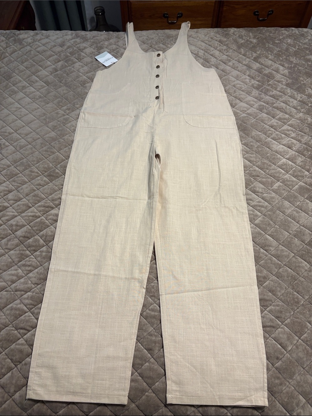 Beige Button-Front Linen-Blend Utility Jumpsuit